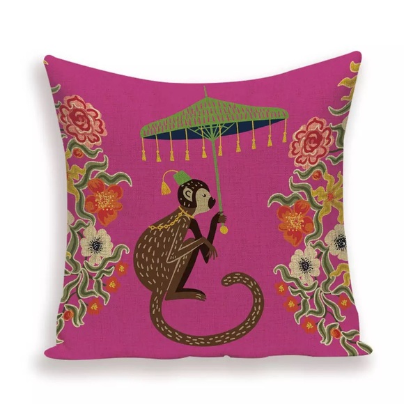 Pink Green Monkey / Blue Ginger Jars Pillow Cover w Insert 17.7” Grandmillennial - Picture 7 of 16